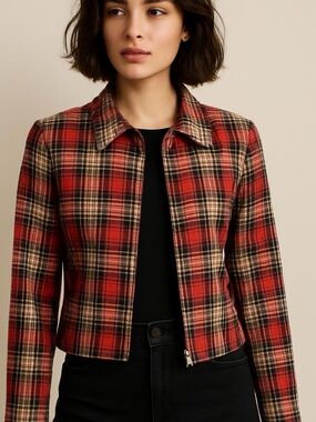 N Touch Red Plaid 100% Wool Zip Up Jacket Made‎ in USA Size 10